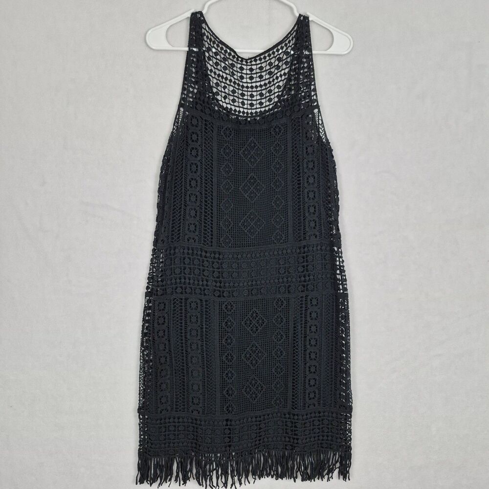 Ralph Lauren Dress Small Black Crochet Knit Sleeveless Overlay Womens fringe